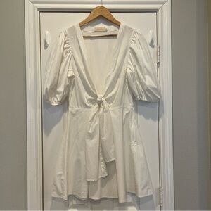 Choosy White V-Neck Tie Up Puff Sleeve Mini Dress Size Large Coquette Feminine